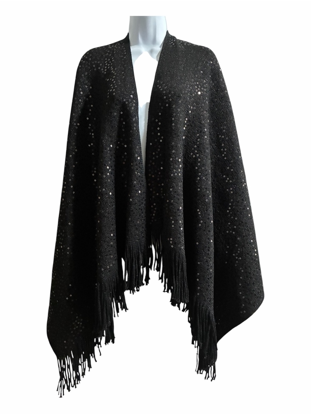 IMAN Black Sweater Poncho Wrap Fringed Sequins Open Front One Size Fits Most